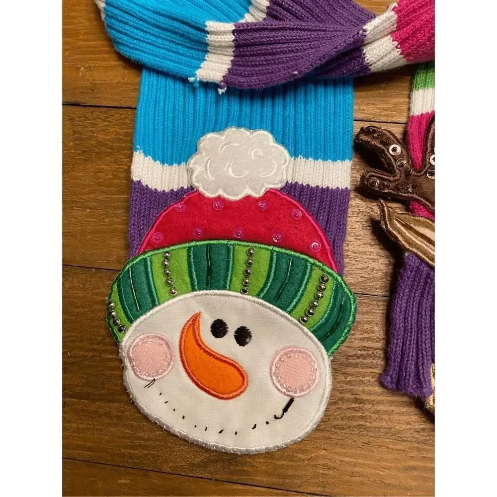 Snowman Reindeer knitted kids winter snow scarf multicolor